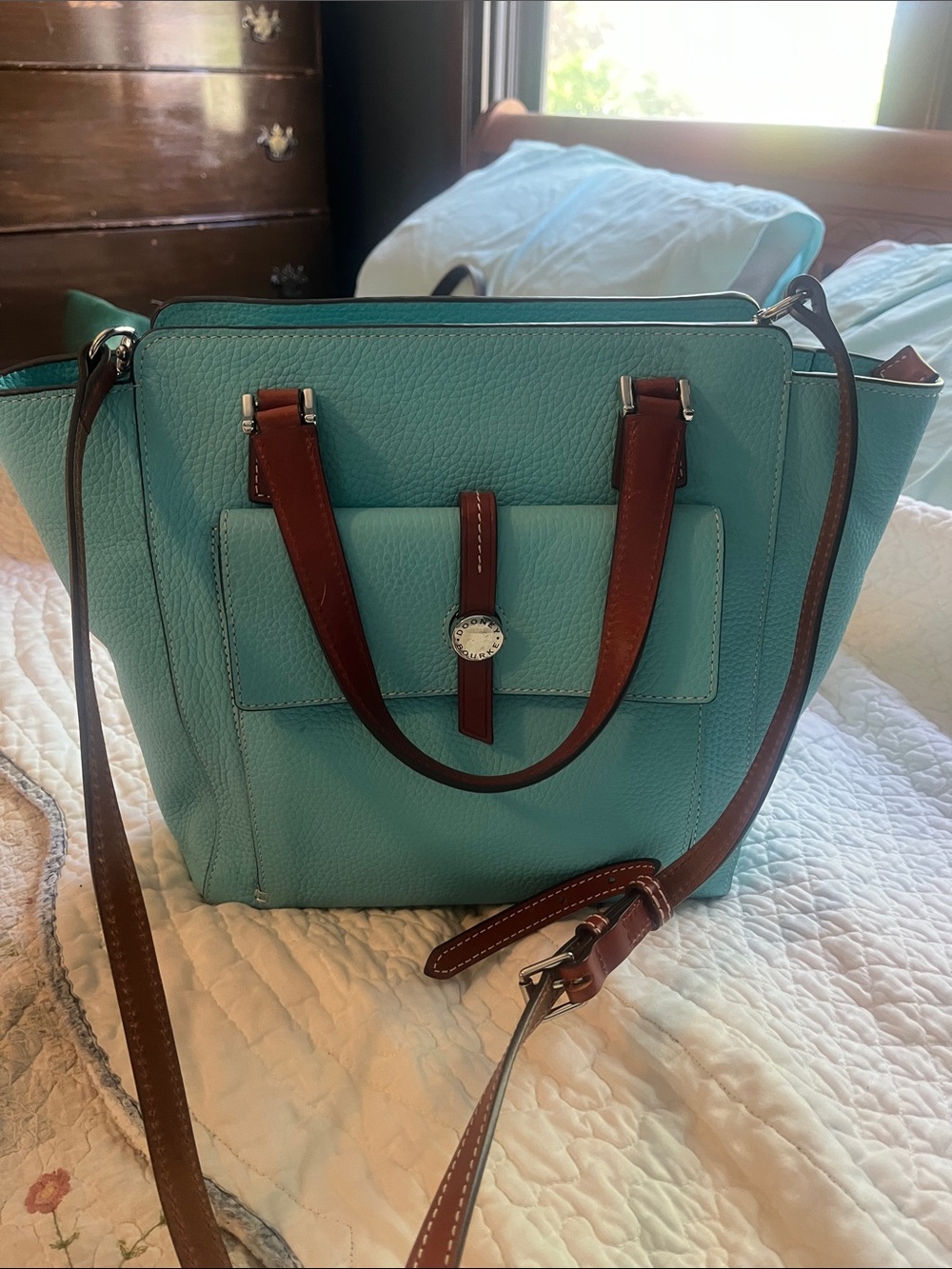Dooney & Bourke Turquoise Pebbled Leather Tote with Brown Trim